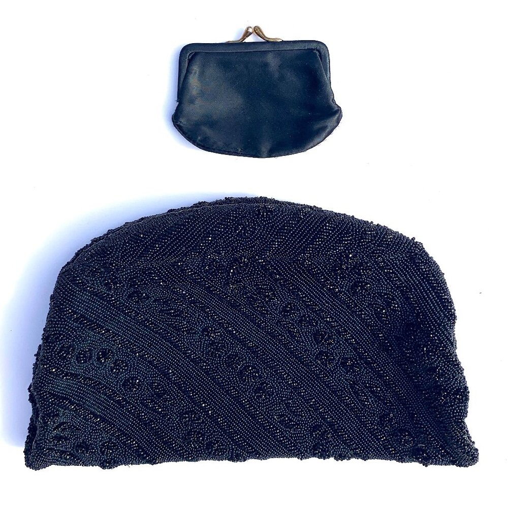 VTG Mid Century Koret Trésor Glass Black Bead Clutch Handbag w/Satin Coin Purse